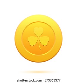 St. Patrick`s gold coin with three leaf clover. Shamrock coin