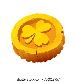 St. Patrick`s gold coin with three leaf clover. Shamrock coin. Vector illustration