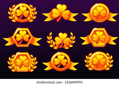St Patrick's golden Awards. Laurel wreath of victory and clove for mobile game, UI, banner, app, interface, slots, game development. Vector icons on a separate layer