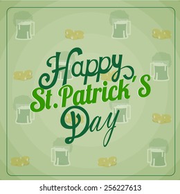 St. Patrick's  green text on textured with green beer and coins background