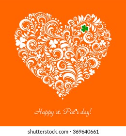 St. Patrick's greeting card. Clovers heart for St. Patrick's Day. Retro orange background for St. Patrick's Days with place for your text.  Vector Illustration