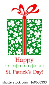St. Patrick's greeting card. Gift box with ribbon. Vector Illustration 