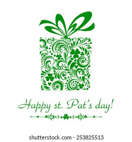 St. Patrick's greeting card. Gift box with ribbon. Vector Illustration
