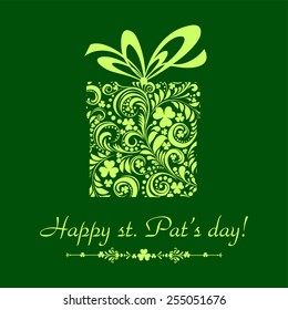 St. Patrick's greeting card. Gift box with ribbon. Vector Illustration
