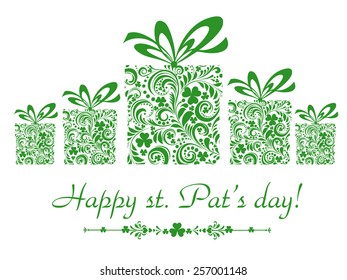 St. Patrick's greeting card. Gift box with ribbon. Vector Illustration