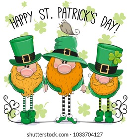 St Patricks greeting card with three cute cartoon leprechauns