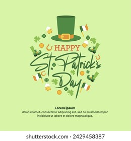 St. Patrick's Greeting Card and Typography with Doodles Set. Happy St. Patricks's Day Concept. Vector Illustration