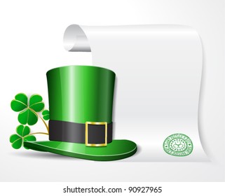 St. Patrick's hat with clover and empty scroll for your text