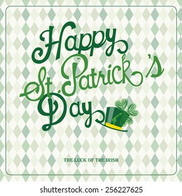 St. Patrick's hat with clover and green text on textured background