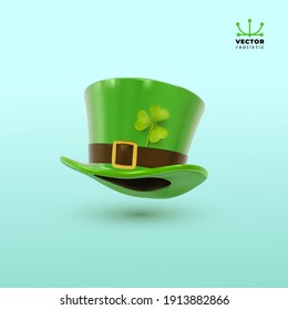 St. Patrick's hat with four-leaf clover. Realistic a leprechaun hat. Vector illustration. Isolated on white background.