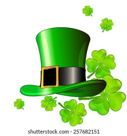 St. Patrick's hat with green clover leaves (vector image)