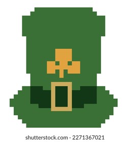 St Patrick's Hat. It has a golden shamrock. Pixel art vector illustration. Saint Patrick's day. Isolated on white background.