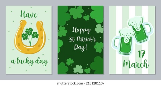 St. Patrick's holiday poster set. Of the symbols and elements of the holiday leprechaun hat, trefoil, horseshoes. Vector templates for holiday invitation, greeting card or flyer