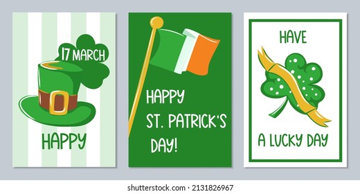 St. Patrick's holiday poster set. Of the symbols and elements of the holiday leprechaun hat, trefoil, horseshoes. Vector templates for holiday invitation, greeting card or flyer