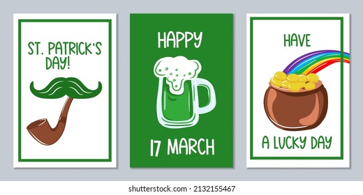 St. Patrick's holiday poster set. Of the symbols and elements of the holiday leprechaun hat, trefoil, horseshoes. Vector templates for holiday invitation, greeting card or flyer