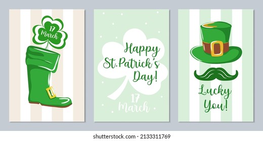 St. Patrick's holiday poster set. Of the symbols and elements of the holiday leprechaun hat, trefoil, horseshoes. Vector templates for holiday invitation, greeting card or flyer