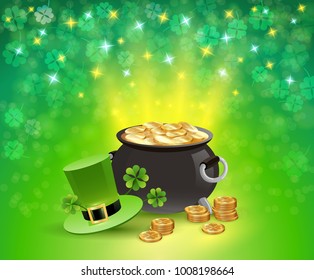 St patricks holiday sparkling background with pot of gold, leaves of clover, hat of leprechaun vector illustration 