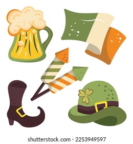 st patricks illustration set irish flag green bowler beer firecrackers