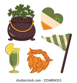 st patricks illustration set red beard irish flag cauldron with clover
