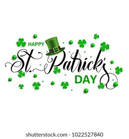 St. Patrick's inscription decorated with green leaves of clover and beads. Greeting card from Saint Patricks Day. Vector illustration.