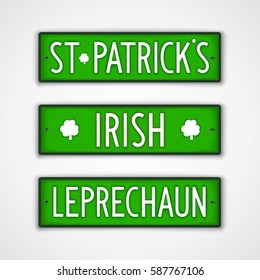 St. Patrick's. Irish. Leprechaun. Set of stylized badges in style car license plate.
 Vector design elements. 