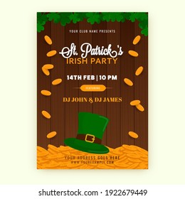 St. Patrick's Irish Party Flyer Design With Leprechaun Hat, Golden Coins And Shamrock Leaves On Brown Wooden Background.