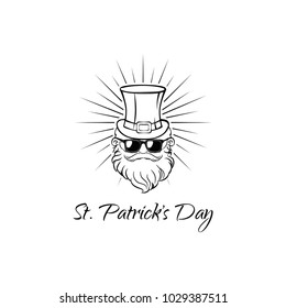 St. Patrick's leprechaun character with a green hat, glasses and a beard. Vector illustration isolated on white background