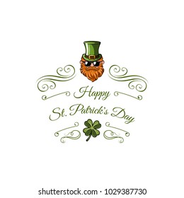St. Patrick's leprechaun character with a green hat, glasses and a beard. Vector illustration isolated on white background