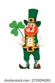 St Patrick's leprechaun with clover leaf character. Ireland folklore fairy isolated vector character. Saint Patrick day cheerful redhead leprechaun personage in top hat, holding shamrock clover leaf