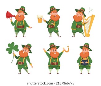 St patricks. Leprechaun funny gnome in green jacket and cylinder hat symbol of lucky life clover golden coins exact vector characters in action poses