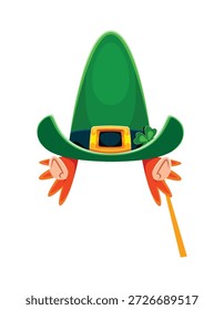 St Patrick leprechaun sombrero verde y orejas máscara de cabina de fotos. Elemento del traje de Vector del festival de primavera, etiqueta engomada irlandesa del partido. Sombrero del duende de San Patricio con la máscara de la cabina de la foto de los niños de la hoja y de las orejas del trébol