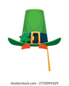 St Patrick leprechaun sombrero verde foto cabina máscara. Elemento de traje de Vector de vacaciones de Irlanda, máscara de carnaval de San Patricio. Sombrero de duende con hebilla de oro y trébol de trébol hoja de trébol cabina de fotos de niños prop