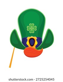 St Patrick leprechaun sombrero máscara de cabina de fotos. Accesorio de Vector de vacaciones de Irlanda, máscara de fiesta de San Patricio. Elemento del traje de la cabina de la foto de los niños del carnaval de la primavera con el sombrero verde del duende, hoja del trébol del trébol del trébol