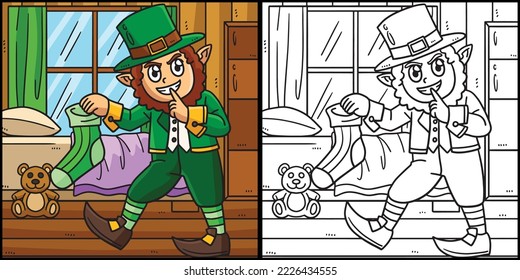 St. Patricks Leprechaun Holding Sock Illustration