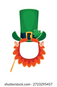 St Patricks Leprechaun Hut und Bart Foto Kabine Maske. Irische Karneval Vektor Maske, St Patrick Urlaub Requisite. Irland Party Kinder Fotokabine Kostümelement mit Kobold grünem Hut, Bart und Ohren