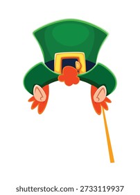 St Patricks leprechaun top hat photo booth mask. Spring holiday vector mask, Irish Saint Patrick day kids photo booth costume element or prop with green top hat, golden buckle, leprechaun ears