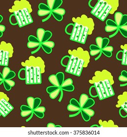 St. Patrick's night festive seamless pattern with shiny pints of beer and clover leaves on dark background. EPS10 vector illustration.