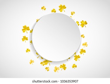 St patricks paper plate with shamrock. Lucky trefoil confetti. Glitter frame of clover leaves. Template for special business offer, banner, flyer. Happy st patricks paper plate backdrop.