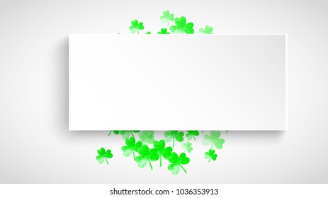 St patricks paper plate with shamrock. Lucky trefoil confetti. Glitter frame of clover leaves. Template for flyer, special business offer, promo. Holiday st patricks paper plate backdrop.