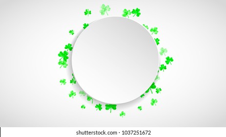 St patricks paper plate with shamrock. Lucky trefoil confetti. Glitter frame of clover leaves. Template for gift coupons, vouchers, ads, events. Festal st patricks paper plate backdrop.