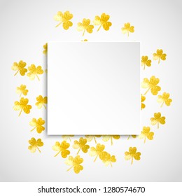 St patricks paper plate with shamrock. Lucky trefoil confetti. Glitter frame of clover leaves. Template for flyer, special business offer, promo. Celtic st patricks paper plate backdrop.