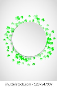 St patricks paper plate with shamrock. Lucky trefoil confetti. Glitter frame of clover leaves. Template for special business offer, banner, flyer. Celtic st patricks paper plate backdrop.
