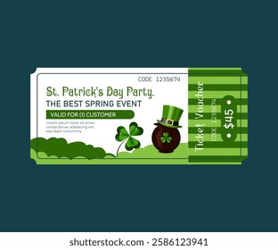  St. Patrick's party admission ticket. Voucher with cauldron and clover leaf and with welcome text.