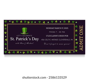 St. Patrick's party admission ticket. Dark background. Voucher with cauldron and clover leaf and with welcome text.