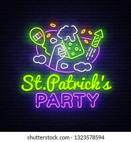 St. Patricks Party design template vector. St. Patrick greeting card, Light banner, neon style, night bright advertising. Vector illustration