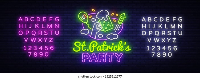 St. Patricks Party design template vector. St. Patrick greeting card, Light banner, neon style, night bright advertising. Vector illustration. Editing text neon sign