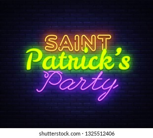 St. Patricks Party design template neon sign vector. Saint Patrick greeting card, Light banner, neon style, night bright advertising. Vector illustration