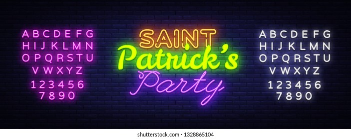 St. Patricks Party design template neon sign vector. Saint Patrick greeting card, Light banner, neon style, night bright advertising. Vector illustration. Editing text neon sign