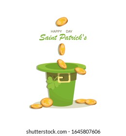 St. Patrick's Poster. Leprechaun hat, gold coins and shamrock clover. Congratulation on a white background. Vector isolated illustration.