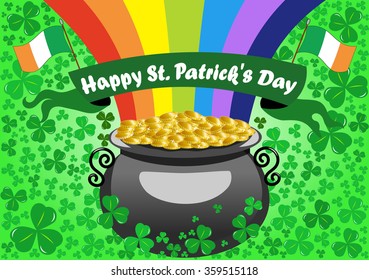 St. Patricks or Saint Patrick s Day background with the legendary pot of gold at the end of the rainbow against shamrocks background